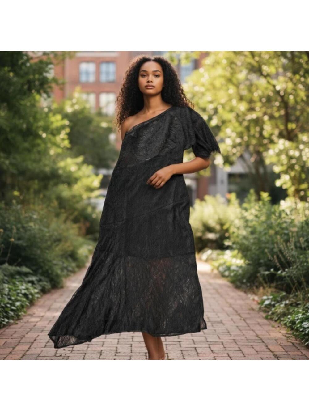 NWT ASOS DESIGN Black Lace One Shoulder Midi Dress Whimsigoth Fairy Size 6